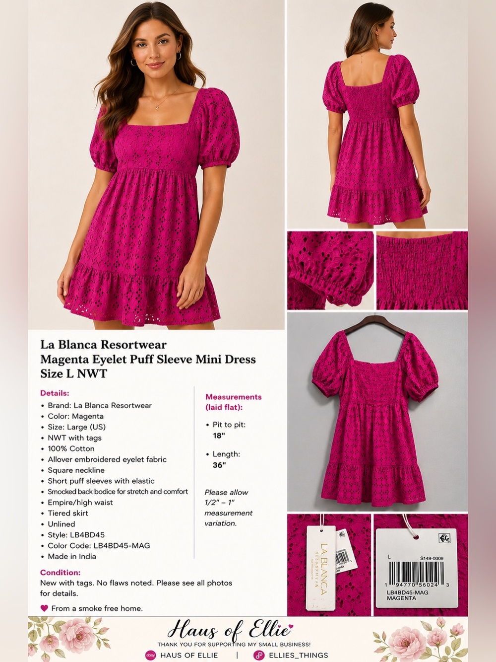 La Blanca Magenta Eyelet Puff Sleeve Cotton Dress L NWT